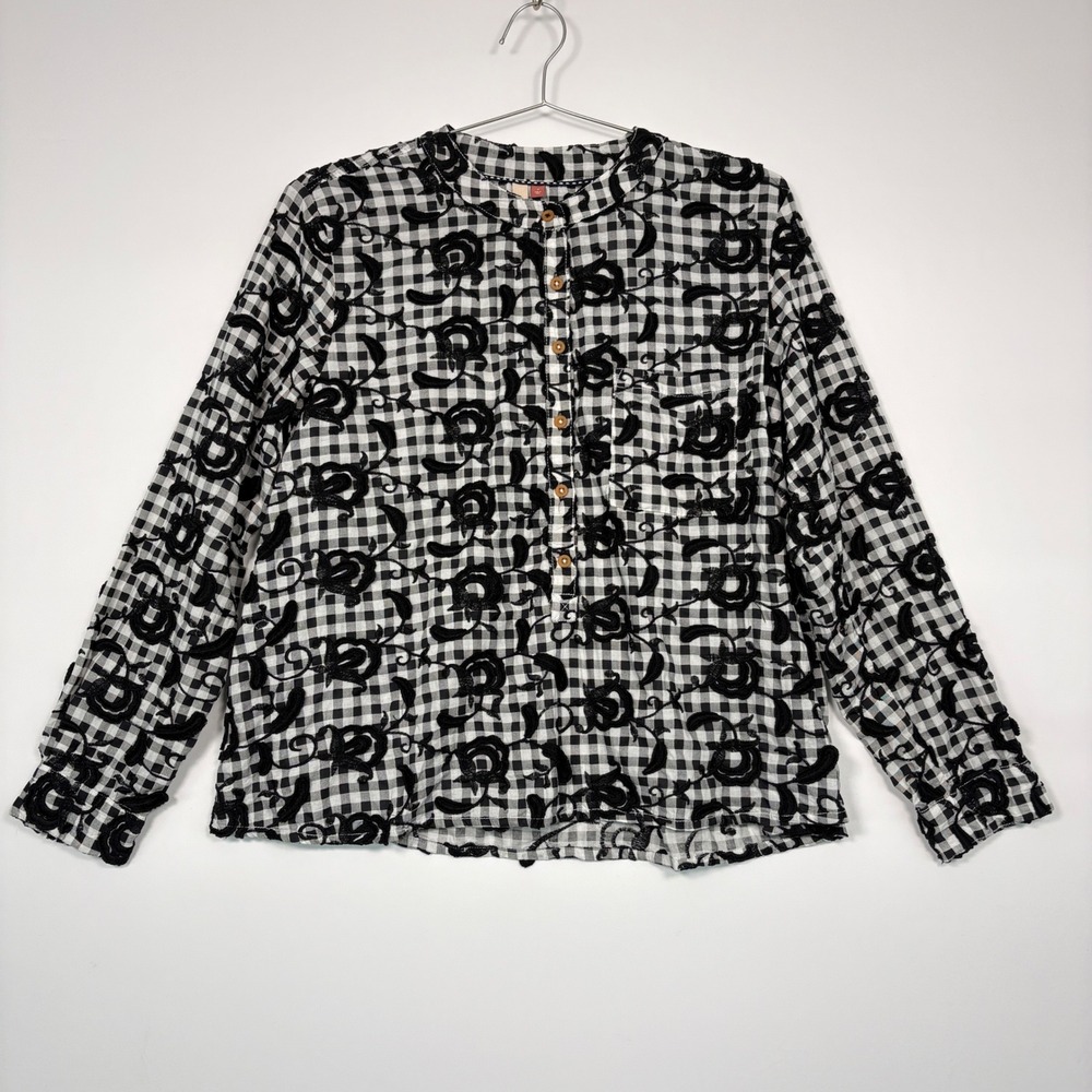 Pilcro Womens Blouse Size M Black Gingham Floral Embroidered Cotton
Top Bohemian